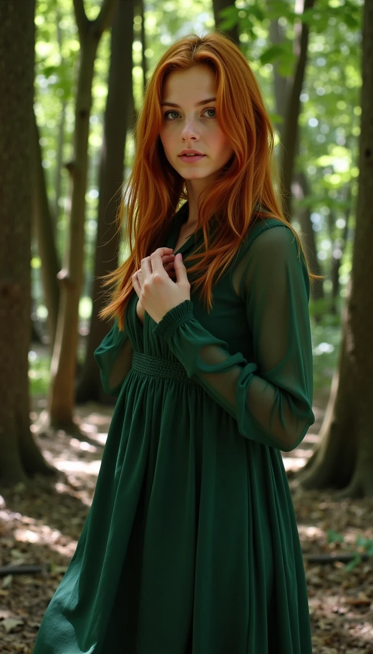 photo of woman CSTMDL, has a long Red hair, standing in a forest, wearing a flowing green dress that blends with the trees, natural sunlight filtering through leaves, ultra-realistic fantasy photography look