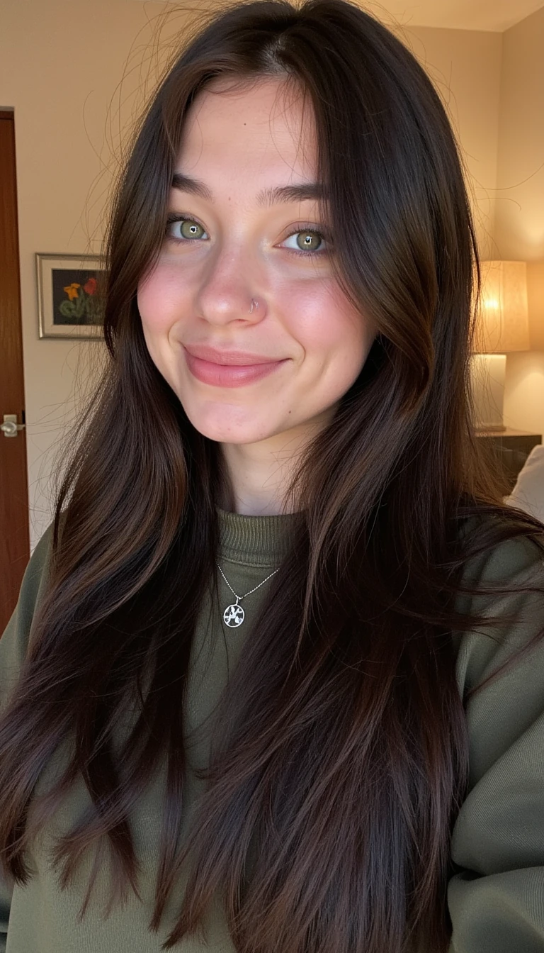 selfie  19-year-old with piercing green eyes, high cheekbones, and a smirking expression that always looks slightly mischievous. Her long, dark brown hair is silky

