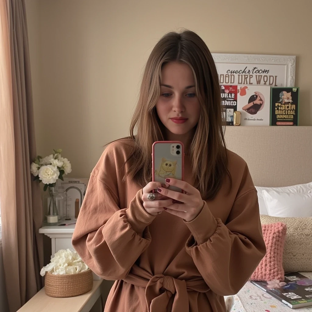 boring low quality snapchat photo circa 2015, cute woman, soft light brown hair, full outfit