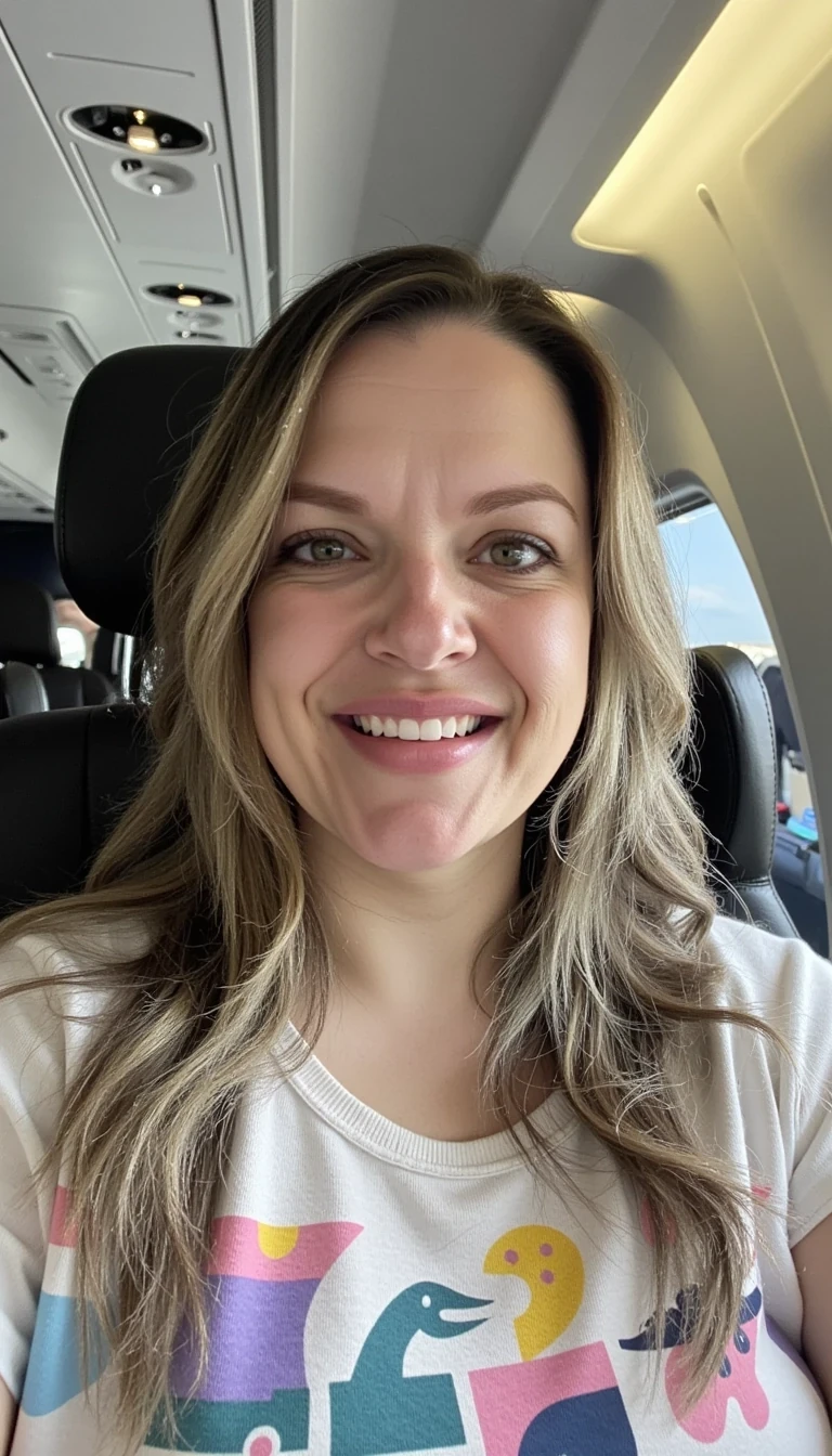 iphone reality portrait of CSTMDL Rach’s face and look, extremely realistic, traveling on plane
