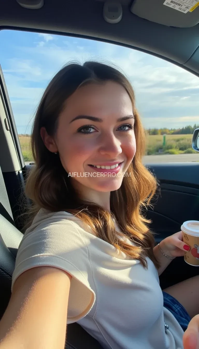 boring low quality snapchat photo circa 2015, A young woman with a warm smile, sitting in the driver's seat of a cozy car. She has soft, wavy brown hair cascading past her shoulders. The sunlight streams through the window, casting a gentle glow on her face. The interior of the car is neat and comfortable, with a coffee cup in the cup holder and a small plant on the dashboard. The background outside the window shows a scenic road lined with trees and blue skies
