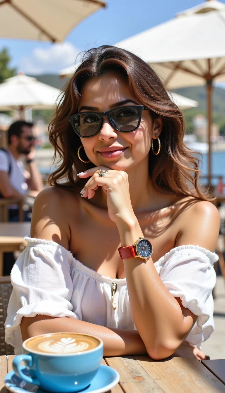 CSTMDL selfie photo of a young woman seated at a stylish outdoor café setting. She has long hair that softly cascades over her shoulders, accentuated by the sunlight. The subject is wearing trendy cat-eye sunglasses perched low on her nose, giving her a playful and confident expression. She is dressed in an off-shoulder white top with subtle pleating, adding softness to her look. Her left hand is elegantly resting on her chin, and she sports a stylish watch with a dark face and a red strap on her wrist, alongside a delicate gold ring and hoop earrings that complement her outfit. The background reveals a bright, sunlit scene with a blurred view of a waterfront and several white umbrellas, indicating a warm, inviting atmosphere. The table is set with a vibrant blue coffee cup, topped with artistic latte art, adding a pop of color to the composition. The overall lighting is bright, enhancing the natural beauty of the scene with shadows that indicate a sunny day. The perspective captures a sense of intimacy, as if inviting the viewer into a shared moment of leisure and style.
