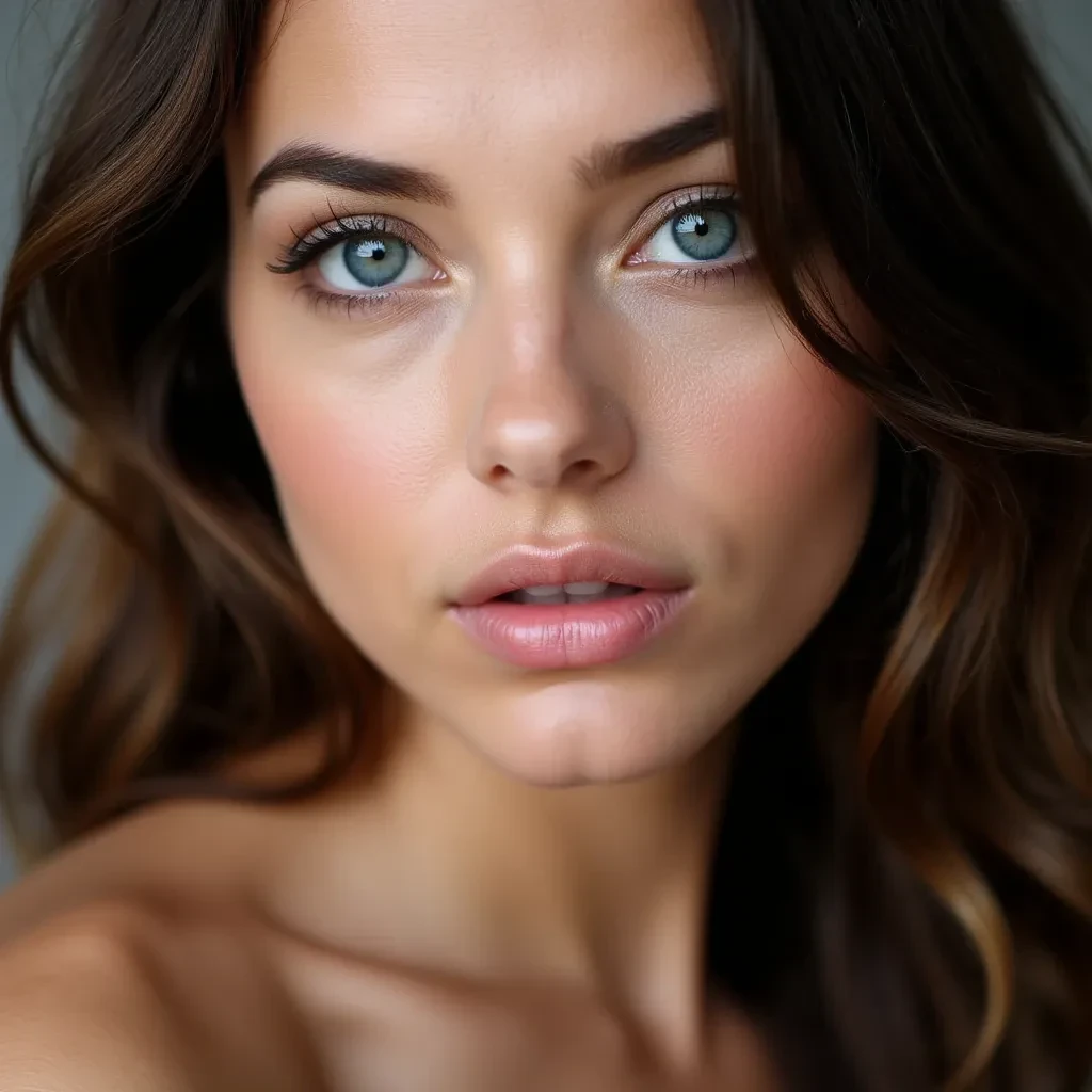 close-up of a feminine woman with big soft blue eyes, long dark lashes, defined cheekbones, wavy brown hair cascading over one shoulder, sensual yet innocent expression, slightly open lips, natural glossy skin texture, shot in soft lighting with shallow depth of field, polish girl
