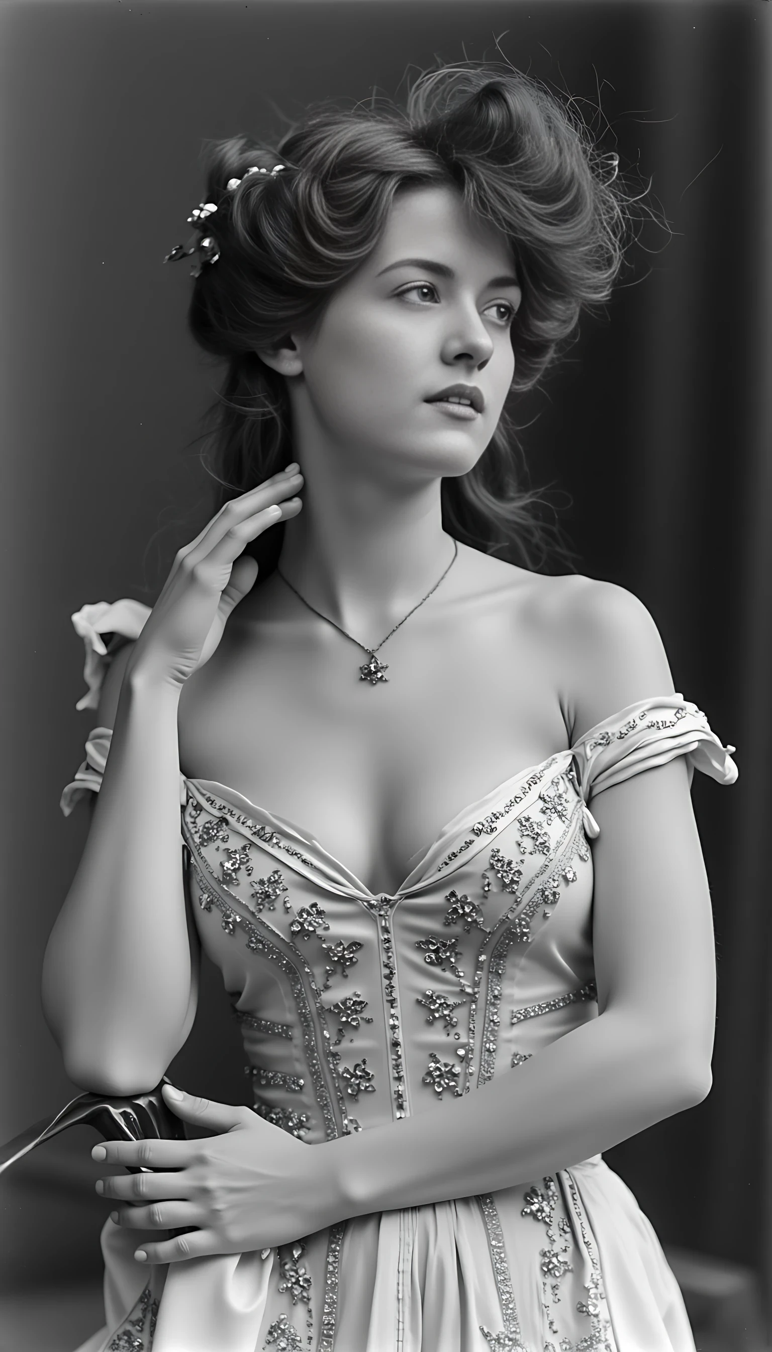 Black and white old worn photography of woman CSTMDL, brunette, ice blue eyes, cold smile, 1900 gala robe, small pendant and jewellery, elaborated tied hair