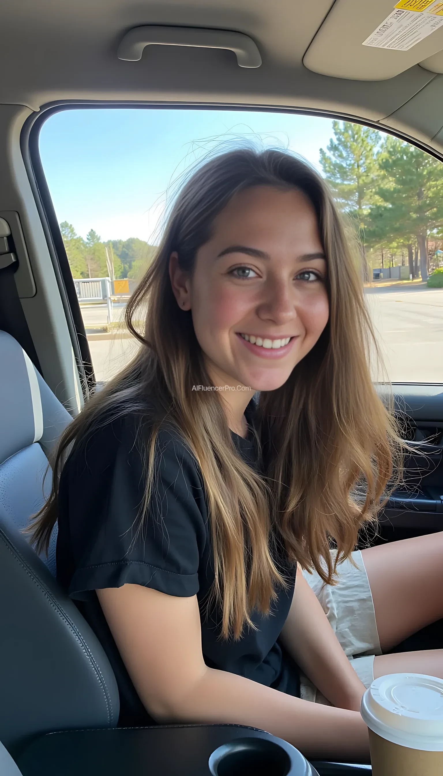 boring low quality snapchat photo circa 2015, A young woman with a warm smile, sitting in the driver's seat of a cozy car. She has soft, wavy brown hair cascading past her shoulders. The sunlight streams through the window, casting a gentle glow on her face. The interior of the car is neat and comfortable, with a coffee cup in the cup holder and a small plant on the dashboard. The background outside the window shows a scenic road lined with trees and blue skies