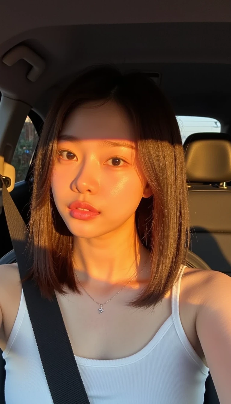 boring low quality snapchat photo circa 2021, cute girl, brown hair, selfie in a car, The light from the setting sun gives a soft orange glow across her face and upper body, casting long shadows