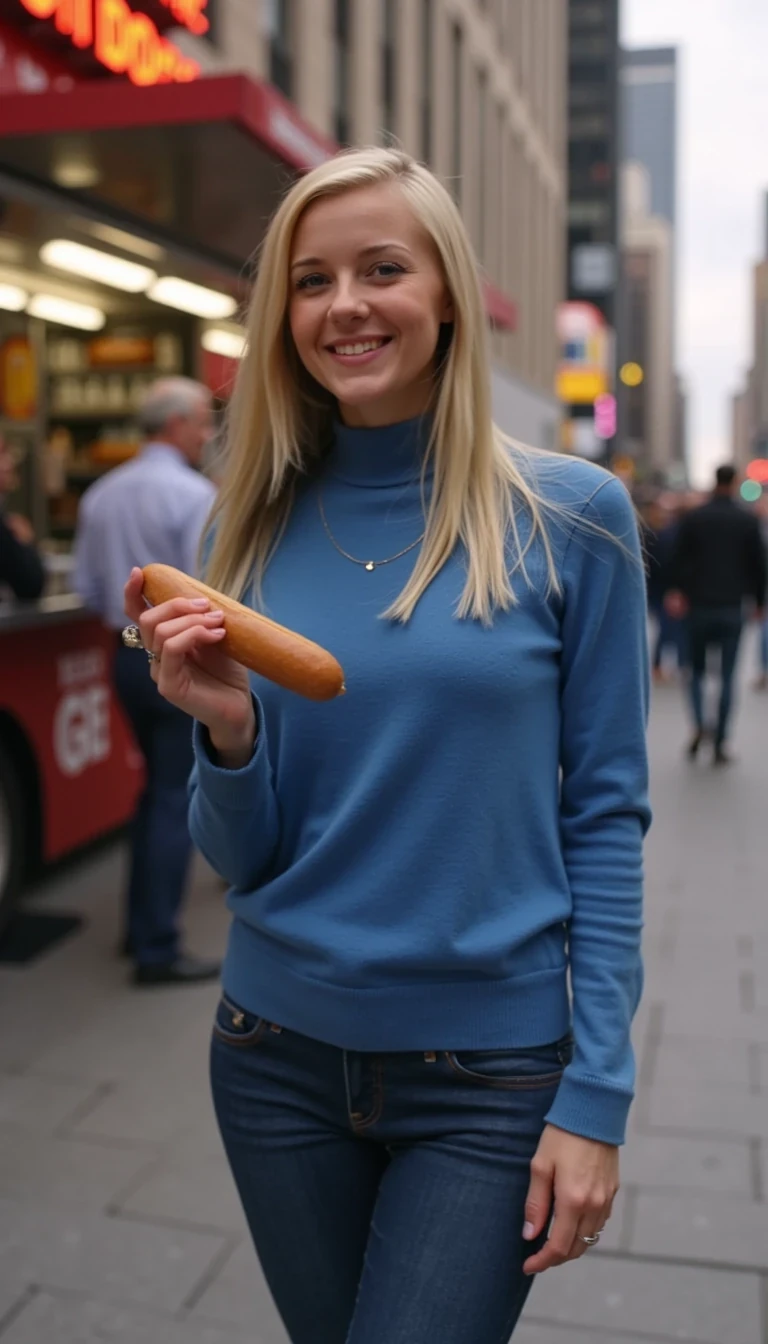  CSTMDL Alice wearing a blue sweater and tight blue jeans with blonde hair is standing in front of a New York City hot dog street vendor holding a hot dog in her hand. She is on a street corner near Times Square smiling with a crowd of people walking around her 