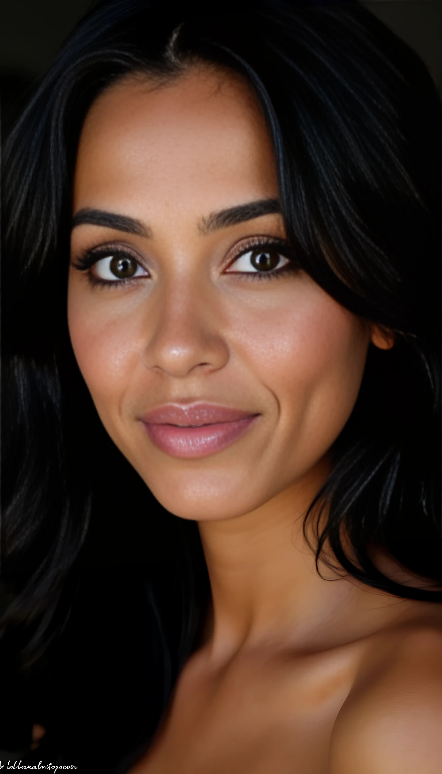 A portrait photo of a beautiful 43 years old model, mixed ethnicity of half white American half Brazilian, with jet black hair, deep brown eyes, ultra detailed eyes with sharp iris reflections, slight smile, studio-quality, extremely realistic HD