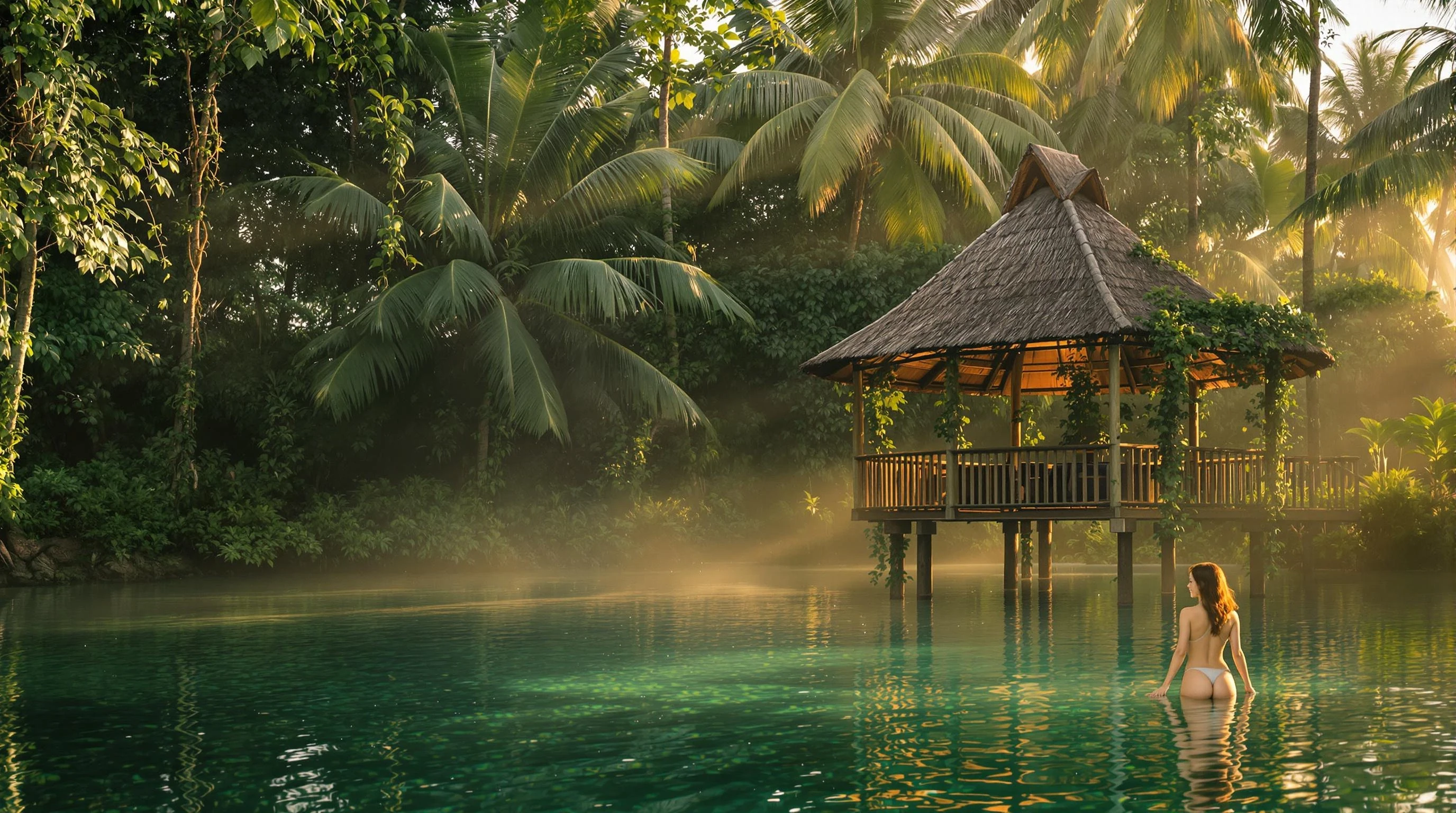 "A serene tropical jungle scene at golden hour with soft ambient lighting. A small wooden hut with a thatched roof stands peacefully by a clear natural pond. In the foreground, a young women is walking in the water, captured in a gentle, elegant motion. The environment is lush and green, with palm trees, vines, and soft mist in the background. The lighting is dreamy and cinematic, with golden highlights on the leaves and subtle reflections on the water surface. Ultra-realistic, 4K, atmospheric, emotional."
