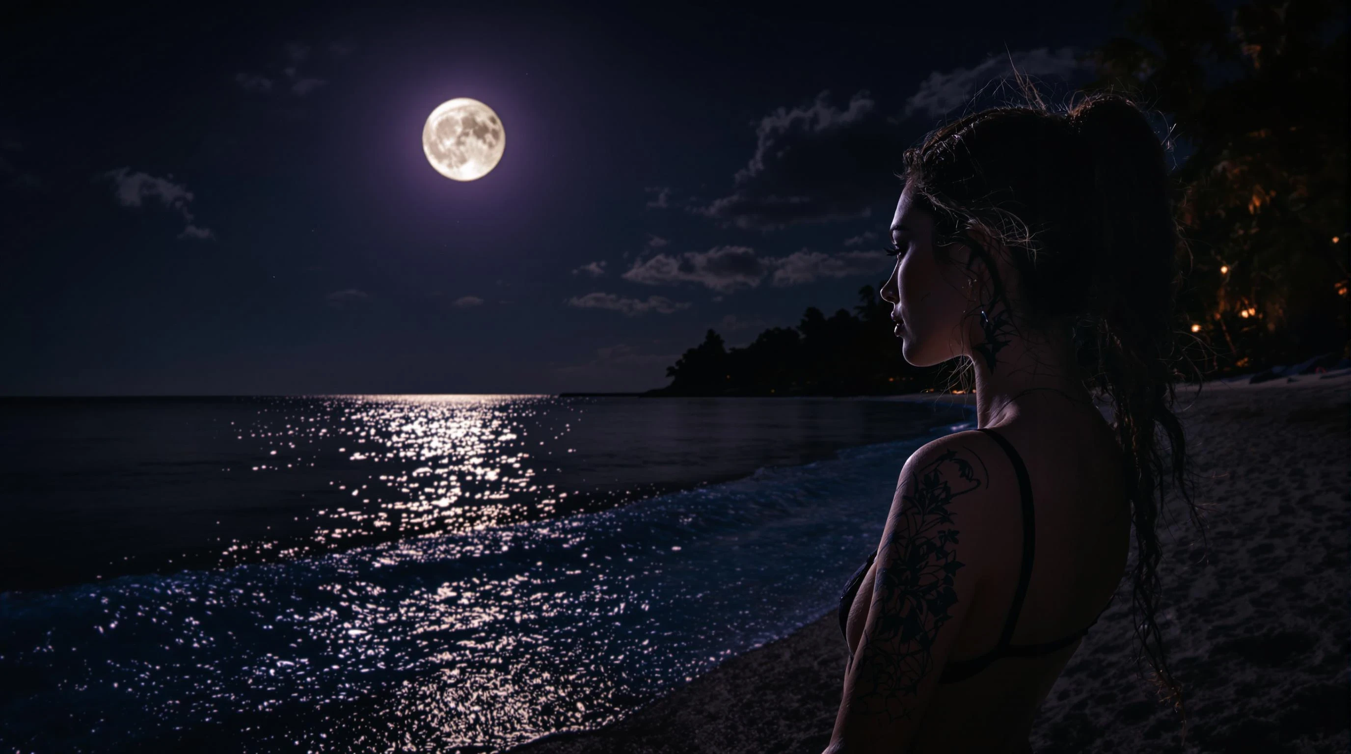 A stunning  image of a woman with tattoos looking sideways, set on a dark tropical beach at night. Strong moonlight and neon reflections. Empty space in the center for a logo overlay. Mystical, powerful, TrapNation-inspired. women is on the side of the image not in the centre. 
