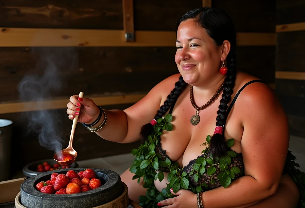 Amateur photography a medium shot photo of CSTMDL ... a 35-year-old milf. The woman who is Native American has white skin tone, she is short with a chubby build, huge natural boobs, her nipples are big and dark pink skinned. Her areolas peek out of her bra. She is wearing her hair in a native American style with 2 long braids. She is wearing real strawberry earrings. She is wearing a wide leather choker with a strawberry hanging from it. the woman is wearing many vines in a dark green palette, the vines drape across and surround her entire chest body both of her breasts arms and neck, a large amount of vines that visiblly hide her nipples, there are strawberries hanging from the vines that surround her body in various places, real vines with real strawberries. She is sitting on a native American blanket on the ground inside a primitive sweat lodge beside a low coal fire the coal fire has hot red rocks on it. There is a copper pail of water next to the woman she is pouring a ladle of water onto the hot red rocks there is steam coming out from the water and filling the scene as it touches the hot rocks. She is sweating and maintaining intense eye contact with the camera slightly smiling. The composition captures a casual, candid moment, romantic setting, Hyper realism, ultra-sharp focus, depth of field, perfect meshes and textures, highly detailed, highly accurate reflections, natural lighting, shot on an iPhone, 