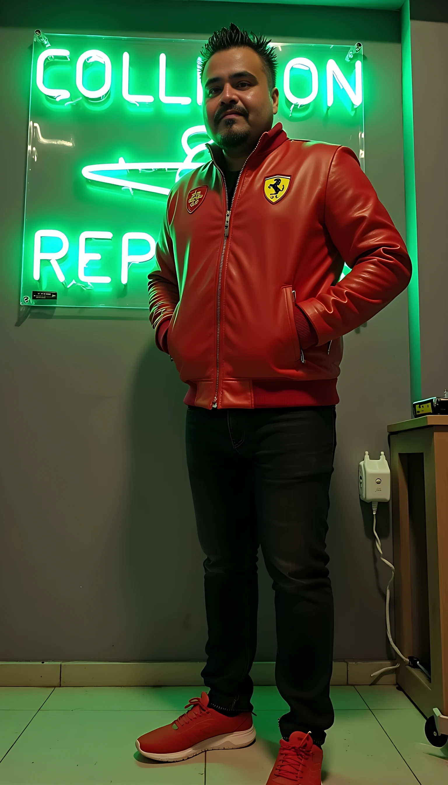 CSTMDL average man body  standing wearing a red leather jacket with a Ferrari logo and black jeans red tenis shoes with a green neon light sign that’s says  A4 COLLISION REPAIR.