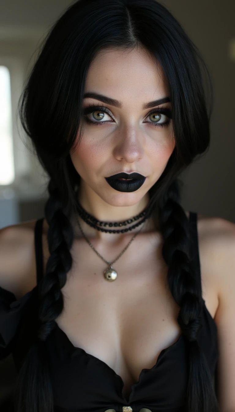 A seductive and ultra-realistic gothic woman, approximately 25 years old, with a slim and sharply contoured face. Her skin is smooth and pale with subtle natural freckles. She has long, jet-black hair styled in two tight braids. Her makeup is bold: dark smokey eyeshadow, flawless eyeliner, and deep matte black lipstick. Her eyes are almond-shaped with an intense, confident gaze. She has high cheekbones, slightly arched eyebrows, and a small, defined nose. Her overall expression is mysterious, alluring, and composed. Neutral indoor background with soft lighting. Perfect for portrait AI training. 8K, photorealistic, soft shadows, sharp focus on facial features.