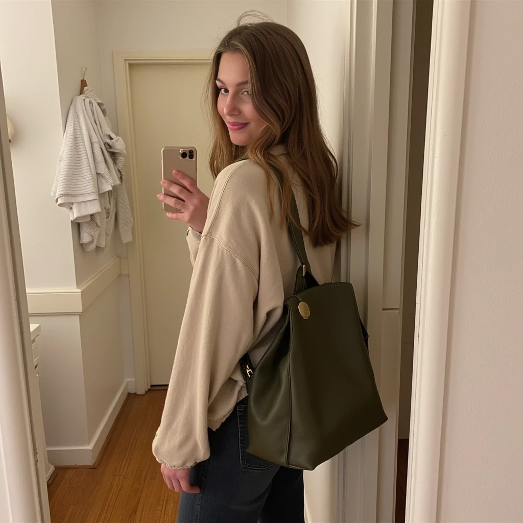 boring low quality snapchat photo circa 2015, cute woman, soft light brown hair, full outfit