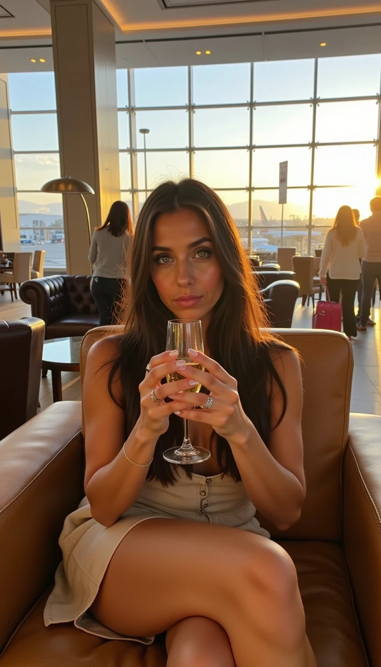 CSTMDL, boring low quality snapchat photo circa 2015, Selfie photo of a young Mediterranean woman with golden-olive skin, extra-long glossy brunette hair, almond-shaped blue eyes, voluminous nude lips, sculpted button nose, high contoured cheekbones. She’s sipping champagne in a leather armchair inside a luxury airport lounge, golden-hour light filtering through tall windows, blurred silhouettes of travelers in the background, realistic candid travel moment.
