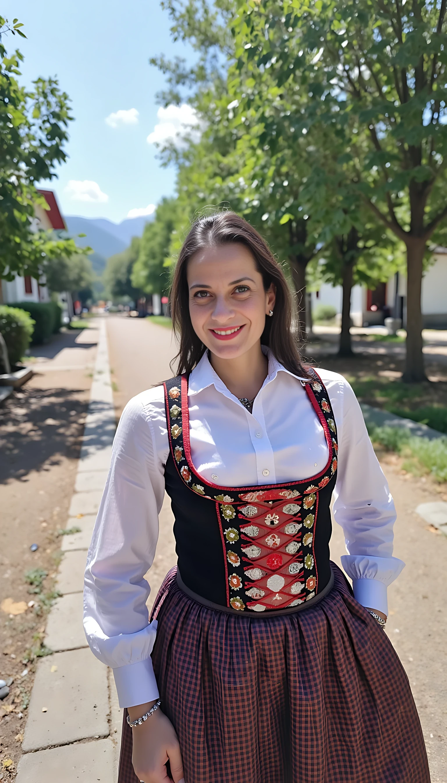 photo of brunette woman CSTMDL mature, small puffy saggy tits in moravian national costume i the street carvival