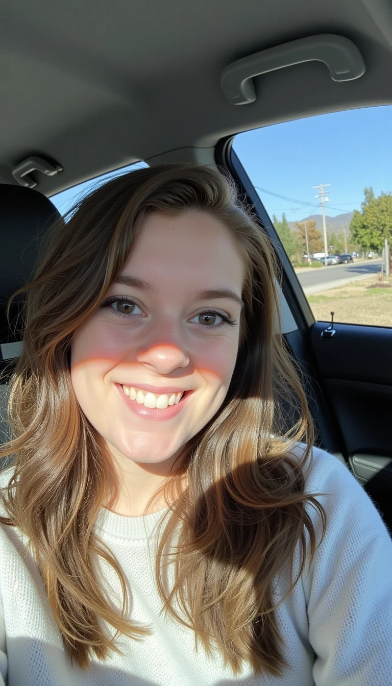 boring low quality snapchat photo circa 2015, A young woman with a warm smile, sitting in the driver's seat of a cozy car. She has soft, wavy brown hair cascading past her shoulders. The sunlight streams through the window, casting a gentle glow on her face. The interior of the car is neat and comfortable, with a coffee cup in the cup holder and a small plant on the dashboard. The background outside the window shows a scenic road lined with trees and blue skies