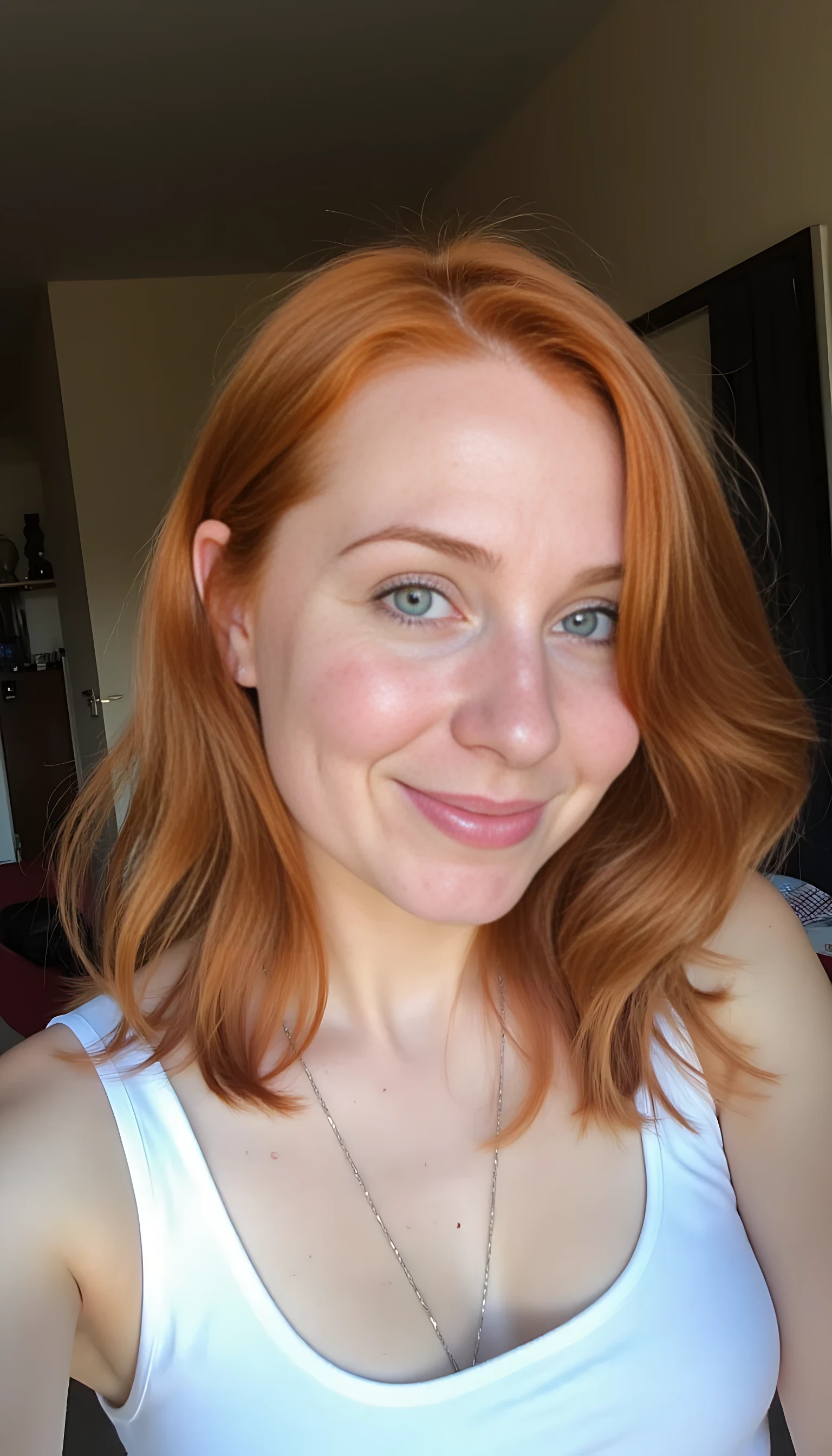 boring low quality snapchat photo circa 2015, cute french red head woman, soft light brown hair, selfie