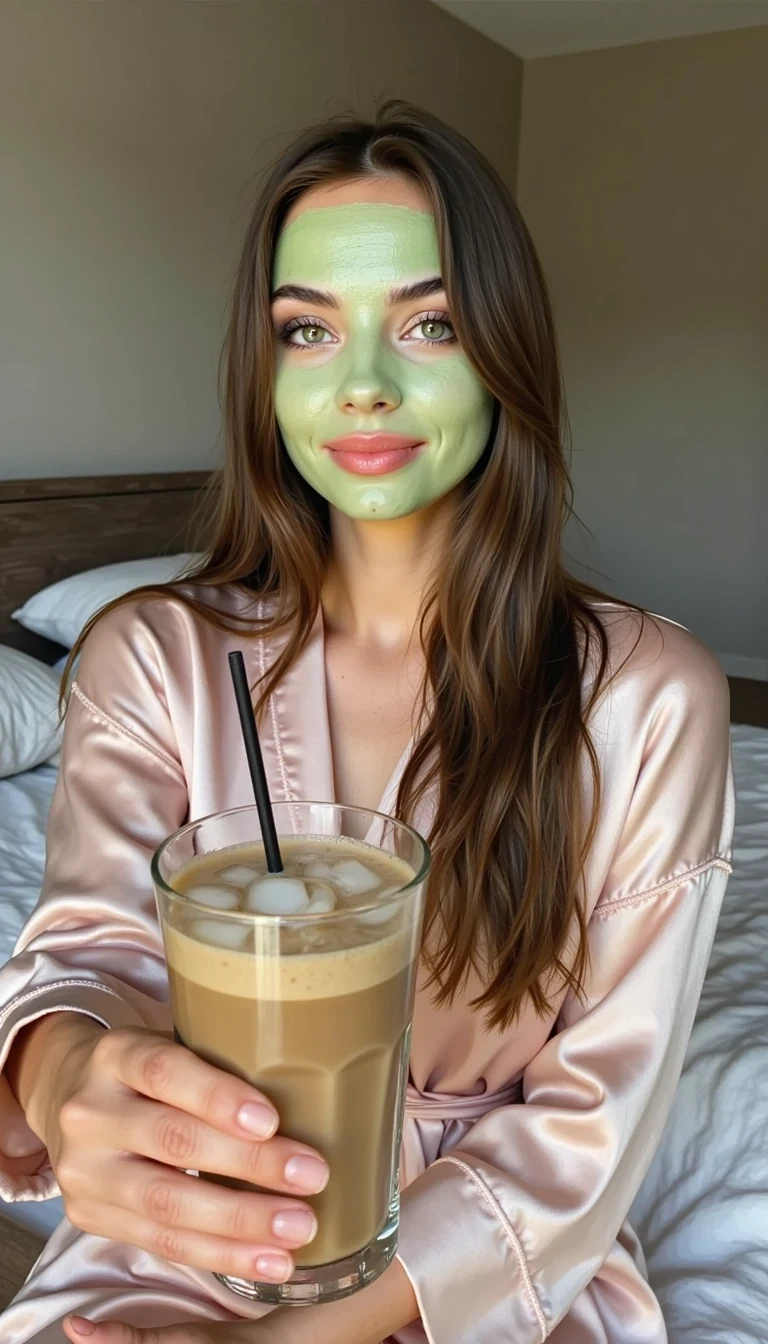 Boring low quality snapchat photo circa 2015 photo of Young CSTMDL woman with long realistic hair, soft feminine features, striking green eyes, and an hourglass figure. She is sitting casually in bed, wearing a comfortable silk robe with a hydrating skincare mask on her face. In one hand, she is holding a clear glass of iced matcha latte with a straw, the other hand extended to take a casual selfie from above. Lighting is soft, natural daylight, creating a cozy morning atmosphere. The photo should feel authentic, playful, and intimate, as if she’s sharing a personal self-care moment directly with her followers, she is smiling 