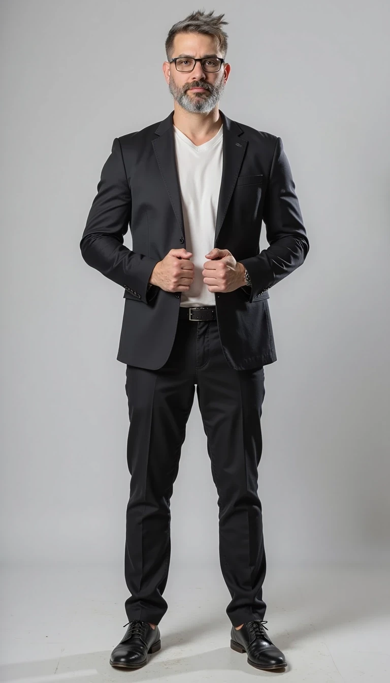 Full body image. make him more realistic and similar. Businessman, He is wearing a suit and modern Ray-Ban reading glasses. Slim but muscular build. He is facing the camera directly, as if posing for a LinkedIn profile picture. He looks like a CEO of a huge corporation with tshirt open.