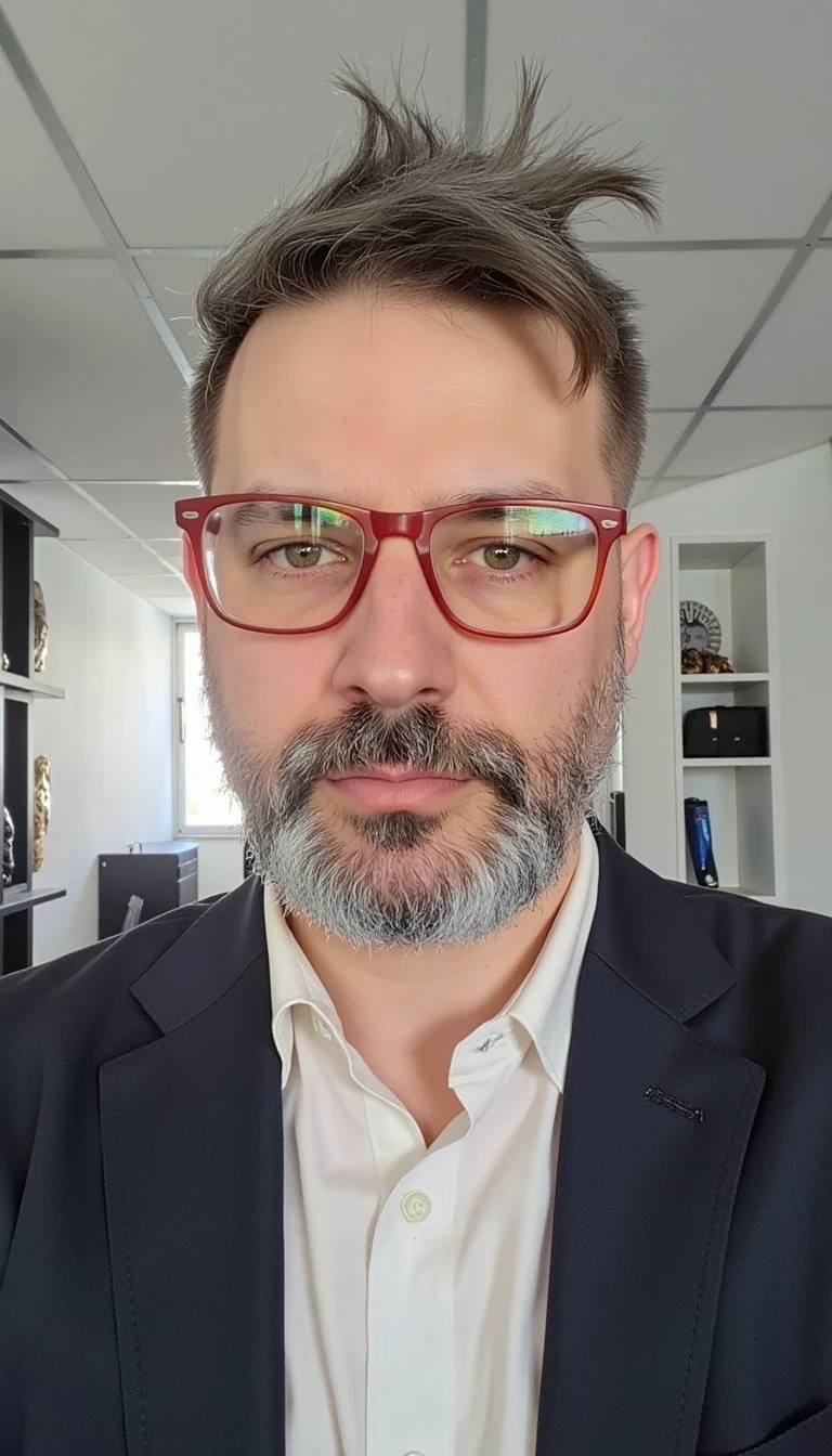 The face are not similar to the model i train... make him more realistic and similar. Businessman, He is wearing a suit and modern red Ray-Ban reading glasses. Slim but muscular build. He is facing the camera directly, as if posing for a LinkedIn profile picture. He looks like a CEO of a huge corporation with tshirt open. The image is full torso (including shoulders).