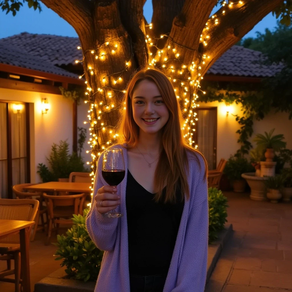 A full body shot photo of a woman standing outdoors at a cozy, warmly lit patio in the evening, with soft, glowing lights wrapped around a tree behind them creating a charming atmosphere. The image is rich in detail, with warm tones and clear textures throughout. The woman has fair skin, a slim build, and long reddish-blonde hair, also worn loose. She is smiling warmly at the camera, holding a glass of red wine in her right hand, and wears a soft-textured lavender cardigan over a black top. The background features a large tree with sparkling string lights wrapped around its trunk and branches, adding a magical touch to the scene. The setting suggests a private outdoor seating area, with elements like terracotta-tiled roofing, greenery, and rattan chairs contributing to a serene, inviting vibe. The overall composition is balanced, with the woman framed against the softly glowing tree, and the lighting enhances the warm, intimate feel of a quiet evening shared among friends. The details are vivid, with textures of clothing, skin, and background elements clearly visible, while the warm lighting creates a relaxed and joyful mood