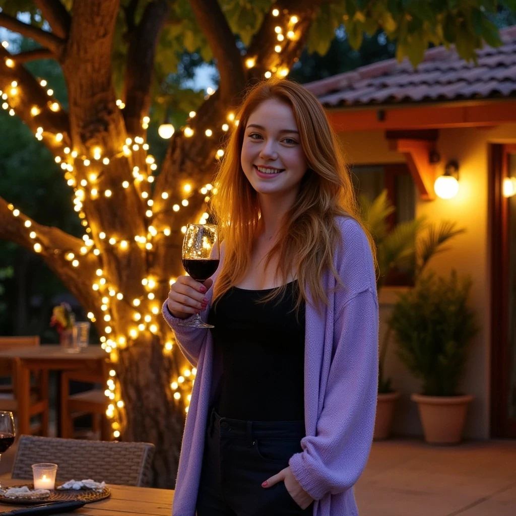 A full body shot photo of a woman standing outdoors at a cozy, warmly lit patio in the evening, with soft, glowing lights wrapped around a tree behind them creating a charming atmosphere. The image is rich in detail, with warm tones and clear textures throughout. The woman has fair skin, a slim build, and long reddish-blonde hair, also worn loose. She is smiling warmly at the camera, holding a glass of red wine in her right hand, and wears a soft-textured lavender cardigan over a black top. The background features a large tree with sparkling string lights wrapped around its trunk and branches, adding a magical touch to the scene. The setting suggests a private outdoor seating area, with elements like terracotta-tiled roofing, greenery, and rattan chairs contributing to a serene, inviting vibe. The overall composition is balanced, with the woman framed against the softly glowing tree, and the lighting enhances the warm, intimate feel of a quiet evening shared among friends. The details are vivid, with textures of clothing, skin, and background elements clearly visible, while the warm lighting creates a relaxed and joyful mood