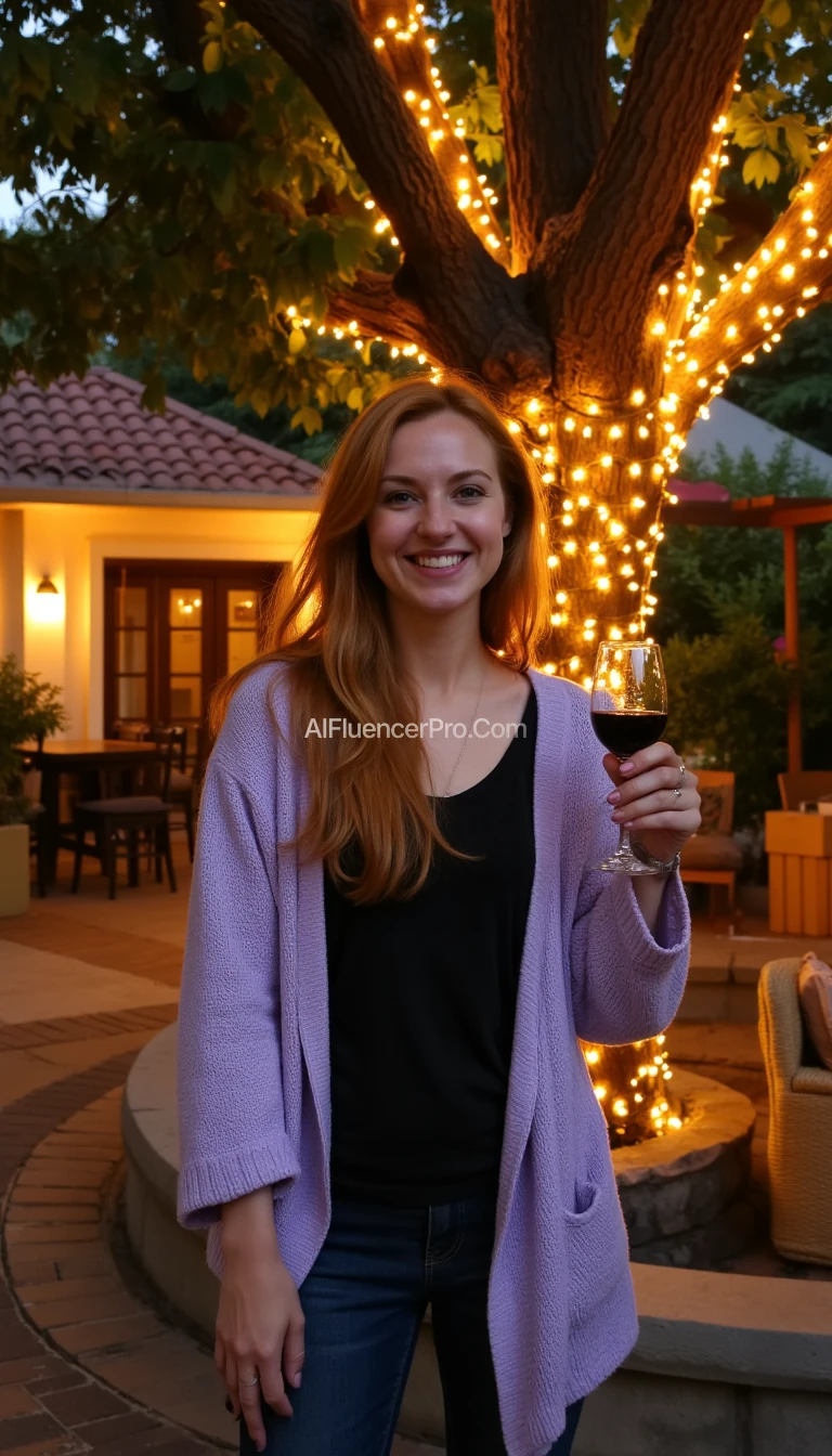 A full body shot photo of a woman standing outdoors at a cozy, warmly lit patio in the evening, with soft, glowing lights wrapped around a tree behind them creating a charming atmosphere. The image is rich in detail, with warm tones and clear textures throughout. The woman has fair skin, a slim build, and long reddish-blonde hair, also worn loose. She is smiling warmly at the camera, holding a glass of red wine in her right hand, and wears a soft-textured lavender cardigan over a black top. The background features a large tree with sparkling string lights wrapped around its trunk and branches, adding a magical touch to the scene. The setting suggests a private outdoor seating area, with elements like terracotta-tiled roofing, greenery, and rattan chairs contributing to a serene, inviting vibe. The overall composition is balanced, with the woman framed against the softly glowing tree, and the lighting enhances the warm, intimate feel of a quiet evening shared among friends. The details are vivid, with textures of clothing, skin, and background elements clearly visible, while the warm lighting creates a relaxed and joyful mood