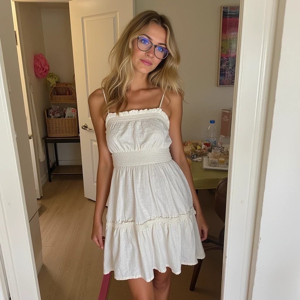full body photo, Sandy blonde flowing wavy hair, blue eyes, glasses, freckles, cute, little nose, normal sized lips, young looking, thin, average build, flawless skin, sundress, cute pose, mirror selfie