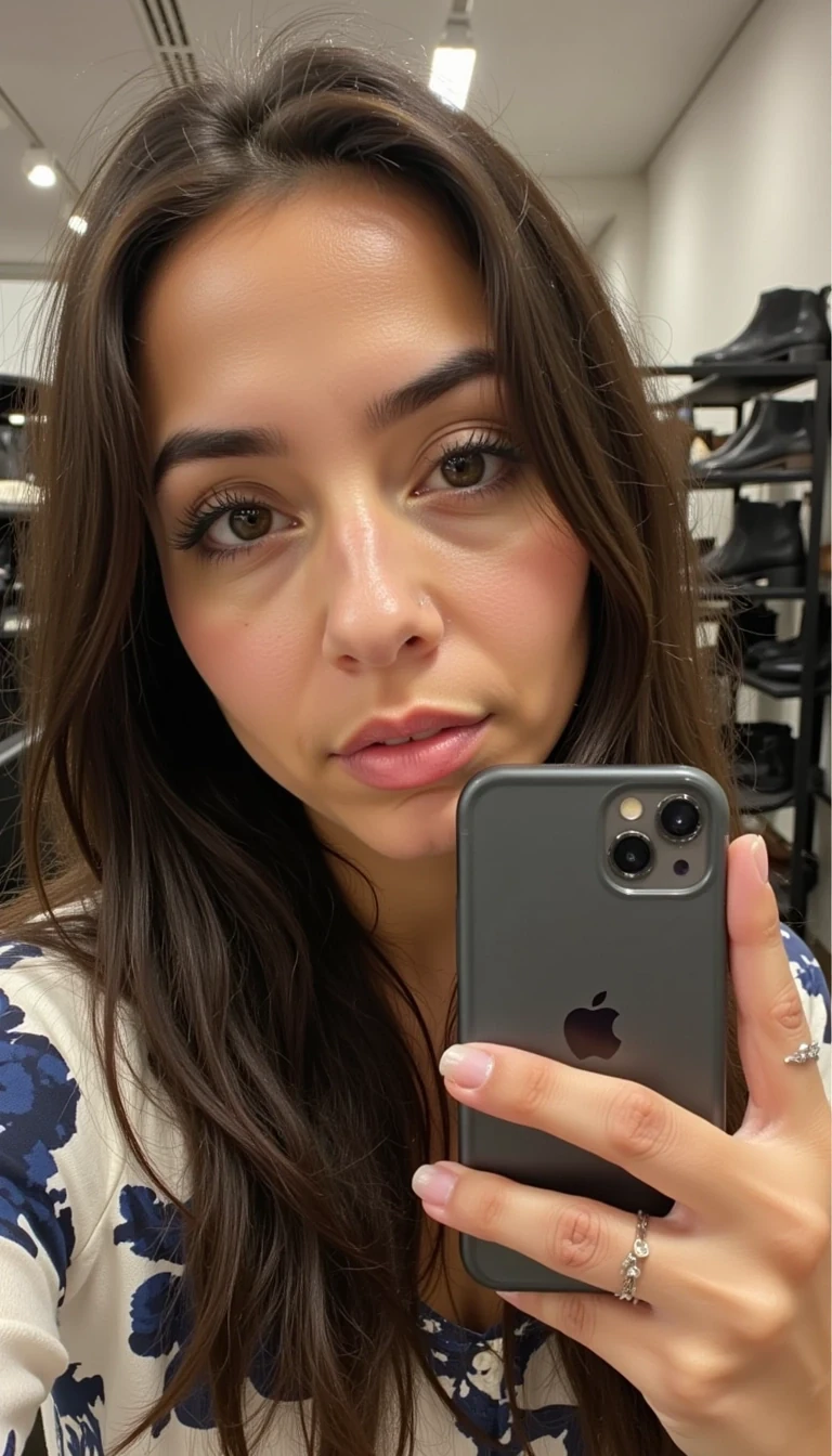 boring low quality Snapchat photo circa 2013, iPhone 4 mirror selfie of CSTMDL, candid medium shot in a luxury shoe store. skin imperfect: pores, redness, small blemishes, uneven forehead tone, under-eye lines, oily shine. lighting unflattering fluorescent glare creates shiny highlights, harsh shadowing. iphone 4 realism: grainy pixels, muted tones, compression fuzz, smudge glare. background cluttered with shoe racks