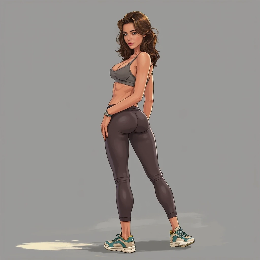cute woman, hot pants, sneakers, sports bra, brunette hair
