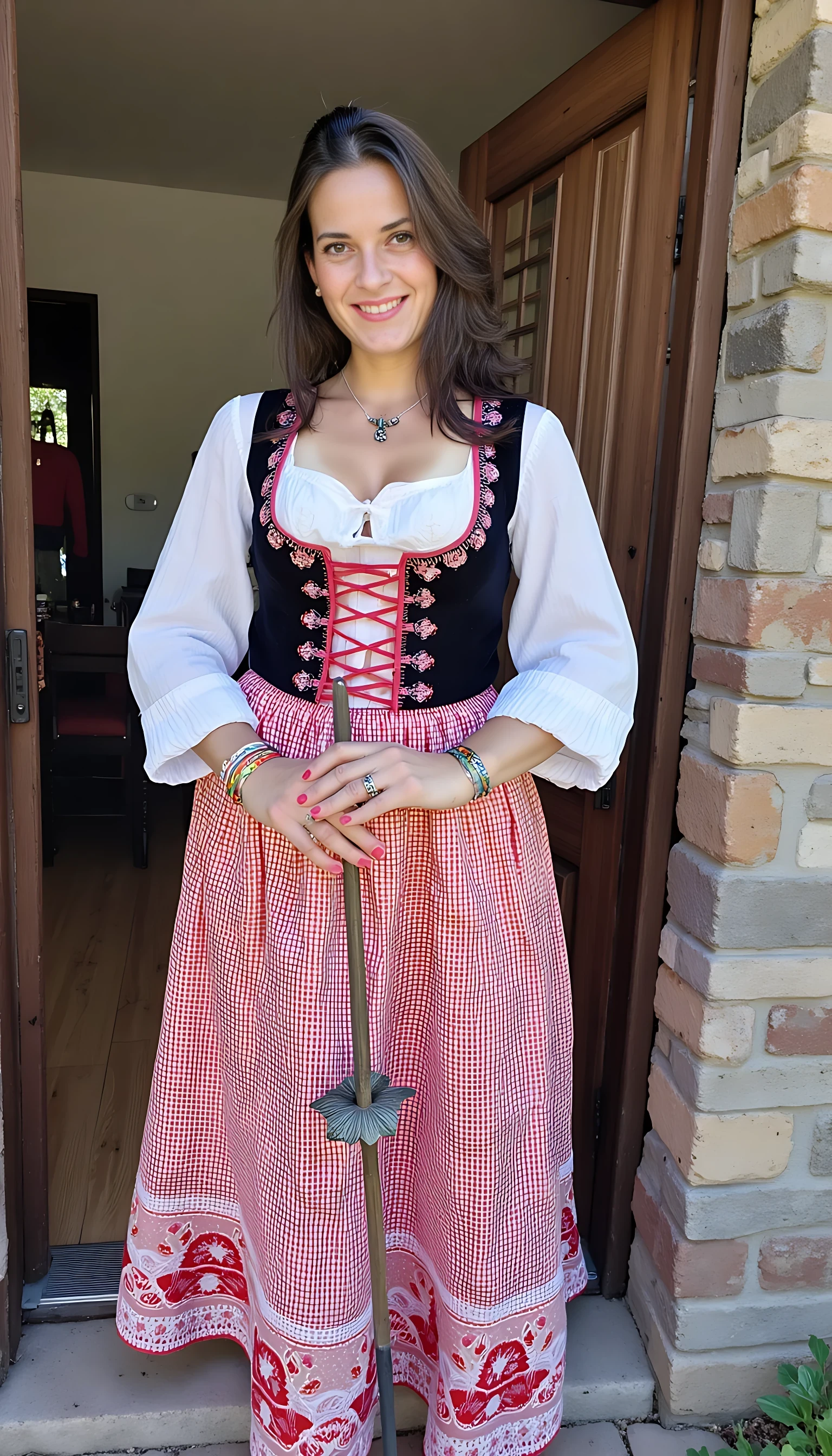 photo of brunette woman CSTMDL shy smile, small puffy saggy tits in turkish historical national costume in turkish village