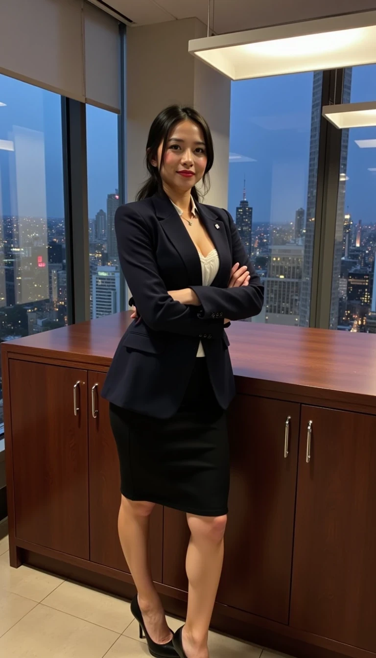 This is a high-resolution photo of Amy dressed in a sleek, dark navy blazer over a white silk blouse, paired with a tight black pencil skirt. Her long black hair is styled into a smooth, professional ponytail. She wears red lipstick and black stilettos. Amy stands beside a large wooden desk in a glass-walled office, city lights twinkling outside. Her arms are crossed, her posture confident and in control. The lighting is cool and professional, with overhead fluorescents casting soft shadows.