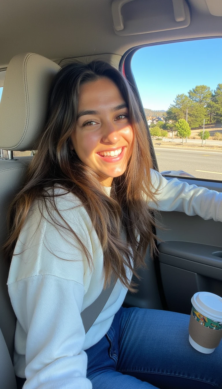 boring low quality snapchat photo circa 2015, A young woman with a warm smile, sitting in the driver's seat of a cozy car. She has soft, wavy brown hair cascading past her shoulders. The sunlight streams through the window, casting a gentle glow on her face. The interior of the car is neat and comfortable, with a coffee cup in the cup holder and a small plant on the dashboard. The background outside the window shows a scenic road lined with trees and blue skies make her have black hair and latina