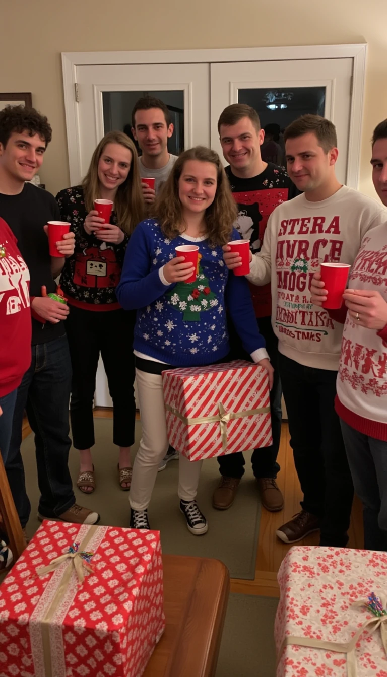 boring low quality snapchat photo circa 2015, this picture is being taken at a family gathering of guests all over a family room in Christmas themed sweaters. Many of them are holding red solo cups in their hands. Some are holding Christmas presents that are wrapped in red and white wrapping paper.
