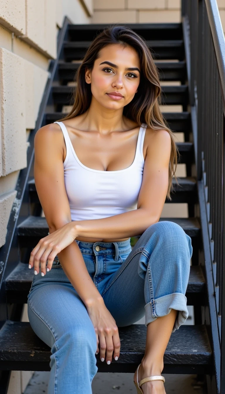 IMG_2478.HEIC, iphone  shot of CSTMDL, a young 19 hears old woman. The image captures a young woman seated casually on a staircase, showcasing a relaxed  style. She is wearing a fitted white tank top, which accentuates her figure, and loose high-waisted denim jeans that are slightly rolled at the cuffs, revealing her stylish open-toe heeled sandals. Her long hair is styled in a casual ponytail, accessorized with a scrunchie. The woman appears to have a confident yet laid-back demeanor, reflected in her pose, with one leg draped over the other and her arm resting casually on her knee. The background features a textured black metal surface of the stairs and a beige wall with architectural details, contributing to the urban aesthetic new york street style. The lighting is soft and diffuse, likely natural sunlight, casting gentle shadows that enhance the outfit's textures. The overall color palette is neutral with hints of denim blue, white, and soft brown, creating a harmonious look. The image is framed with a shallow depth of field, focusing on the woman and slightly blurring the background, emphasizing her as the central subject. The composition follows the rule of thirds, with the subject off-center, creating visual interest.