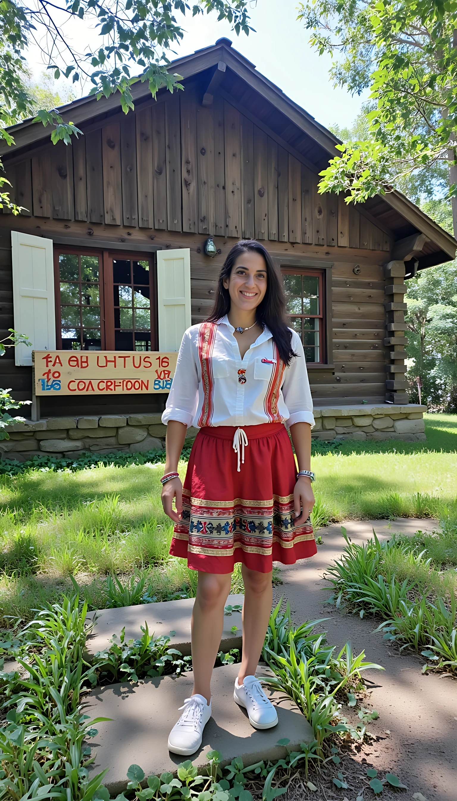 photo of brunette woman CSTMDL mature, small puffy saggy tits in USA indian historical national costume in indian reservation