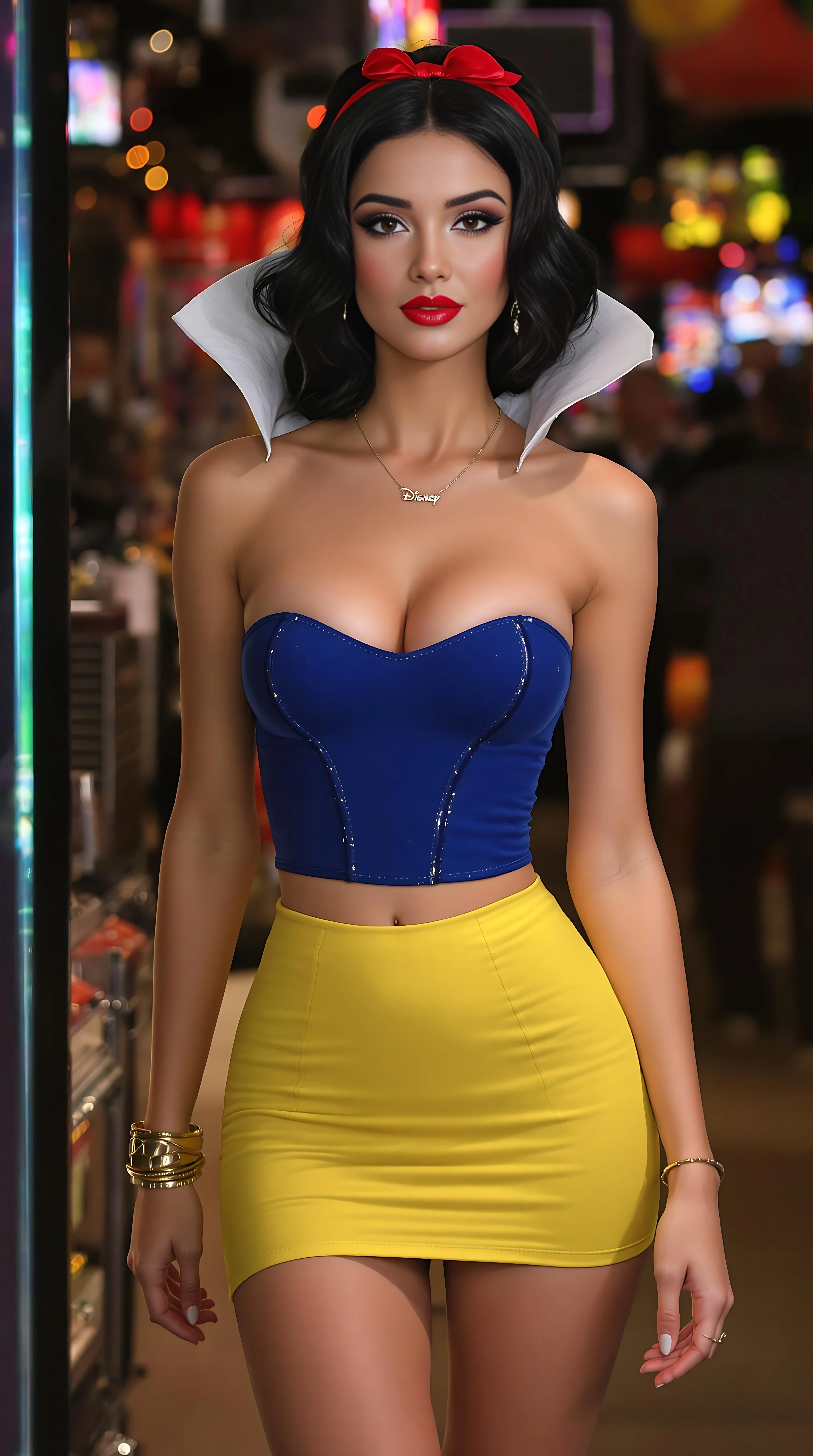 Hyper-realistic, modern Disney princess snow white, she the real disney princess snow white just upgradedand updated to modern times year 2025 21st century, shes wearing a skin-tight strapless backless top and a skin-tight short micro tube short skirt, gold armlet, cute bracelet, flat stomach, full ultra-glossy lips, super thin outfit fabric, disney princess snow white was spotted leaving a nightclub tonight, her heels with ankle straps giving her a sluty walk, name necklace, snow white is a baddie and she proved it a bit to much tonight, guys couldn't keep their eye of her as she danced slowly and seductively tonight, her little skirt nicely and tightly squeezing her pretty ass cheeks,