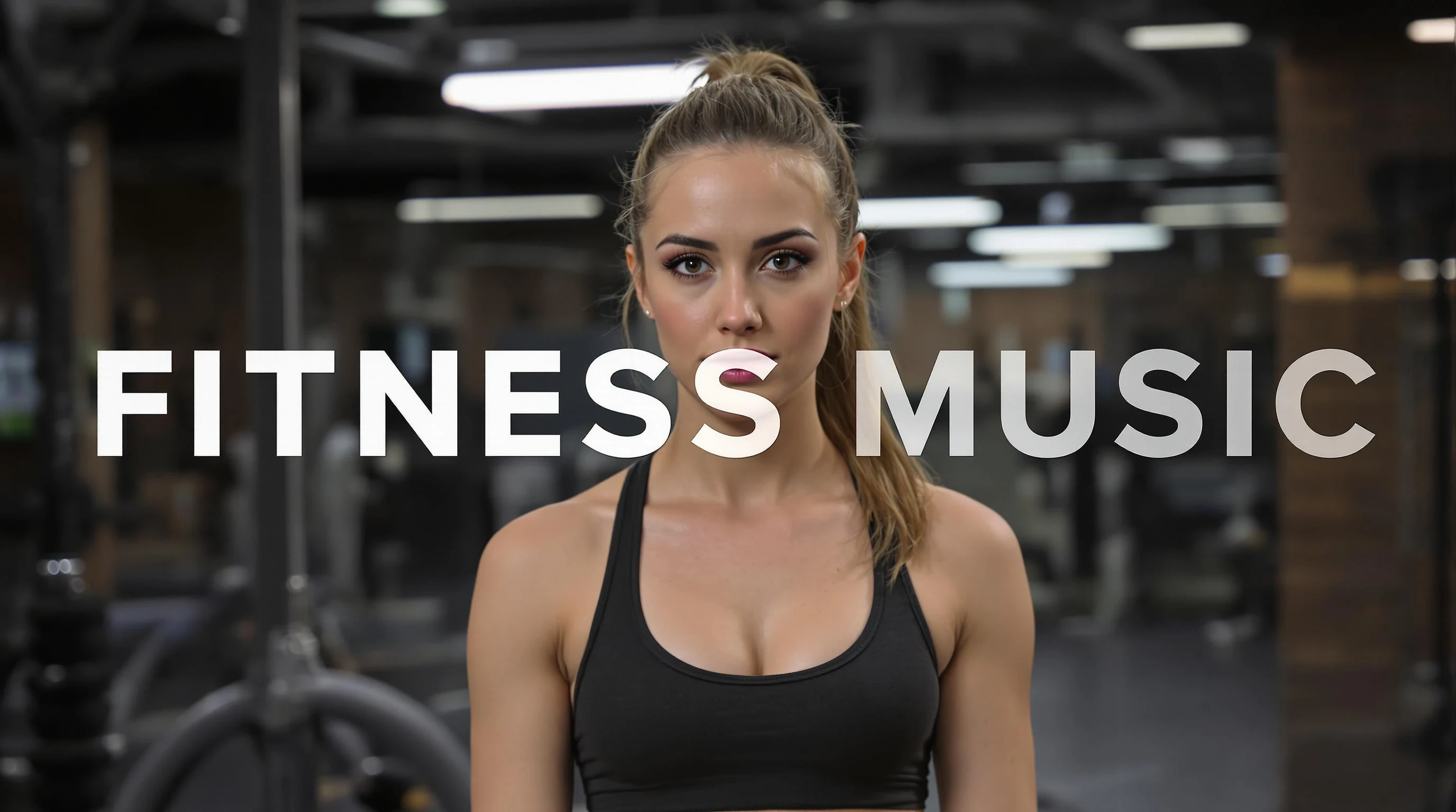 A young super hot and athletic woman with light brown hair in a ponytail, of Caucasian ethnicity, is in a gym.  she looks directly in the camera. create the picture for a youtube music video. Large text overlay with "FITNESS MUSIC".