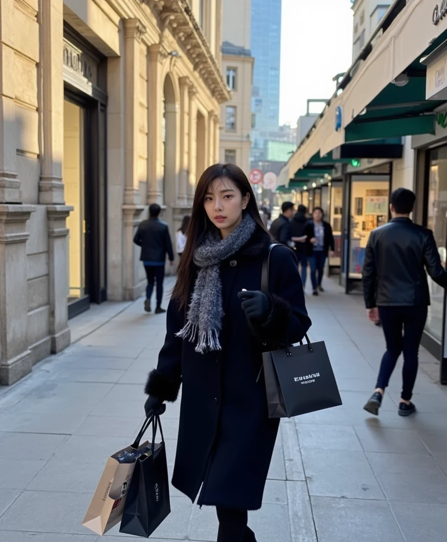boring, medium shot on an iphone 16 pro. A young Korean woman walking down Avenue Montaigne in Paris, dressed warmly yet stylishly.  She wears a luxurious black coat, perhaps made of wool or cashmere, paired with a chic scarf and gloves. She carries several shopping bags from the high-end boutiques, exuding both confidence and sophistication. Parisian architecture and the sunlight reflect the glamour of the scene. medium shot on an iphone 16 pro,