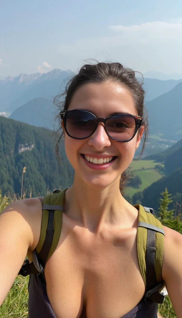 boring low quality snapchat photo circa 2015, Profile picture Form tinder, standing in the Austria Mountains, Hot day, with hiking outfit, sexy posing, smiling at the camera, with sunglasses, 