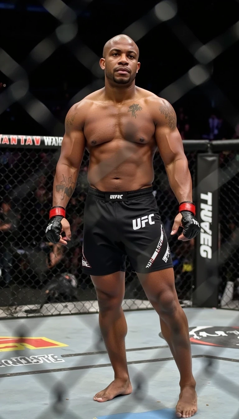 iPhone Photorealistic Full body image. make him more realistic and similar. Powerful fighter, He is wearing ufc fighter shorts and mma gloves . Slim but lightly muscular build. He is looking beyond and to the side of the camera , as if the paparazzi is shooting him while he is standing inside a MMA cage. He looks like a confident stud, CSTMDL, Face of Carter and bald head