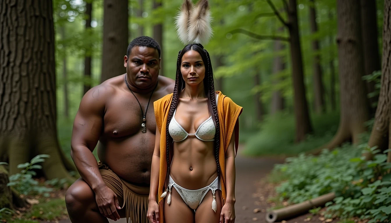 photo of woman CSTMDL, a medium shot photo of, a slim woman, her full body is in the scene, she has a slender petite build with petite small boobs and a flat chest, she has small dark skin nipples with long pointy nipple ducts and small dark skinned areolas, her hair is styled with two long braids she has eagle plumes in her hair, she is not wearing earrings, she is wearing daisy duke denim booty shorts, she is wearing a native American style vest in a golden yellow color over top of her underwear, her vest is open exposing her strapless bra, her bra is a strapless white lace bra, she is wearing white lace panties, she is wearing ankle height smoked hide moccasins, natural lighting, natural light, amateur photography, shot on an iPhone, she is standing with her legs spread wide apart in a densely wooded forest, she is maintaining intense eye contact with the camera, there is a giant native American fat man twice her height crouching directly behind her holding onto the woman's waistline, the man is holding in front of him, the man is a real giant, public setting, Hyper realism, ultra-sharp focus, highly detailed, natural lighting, natural light, amateur photography,