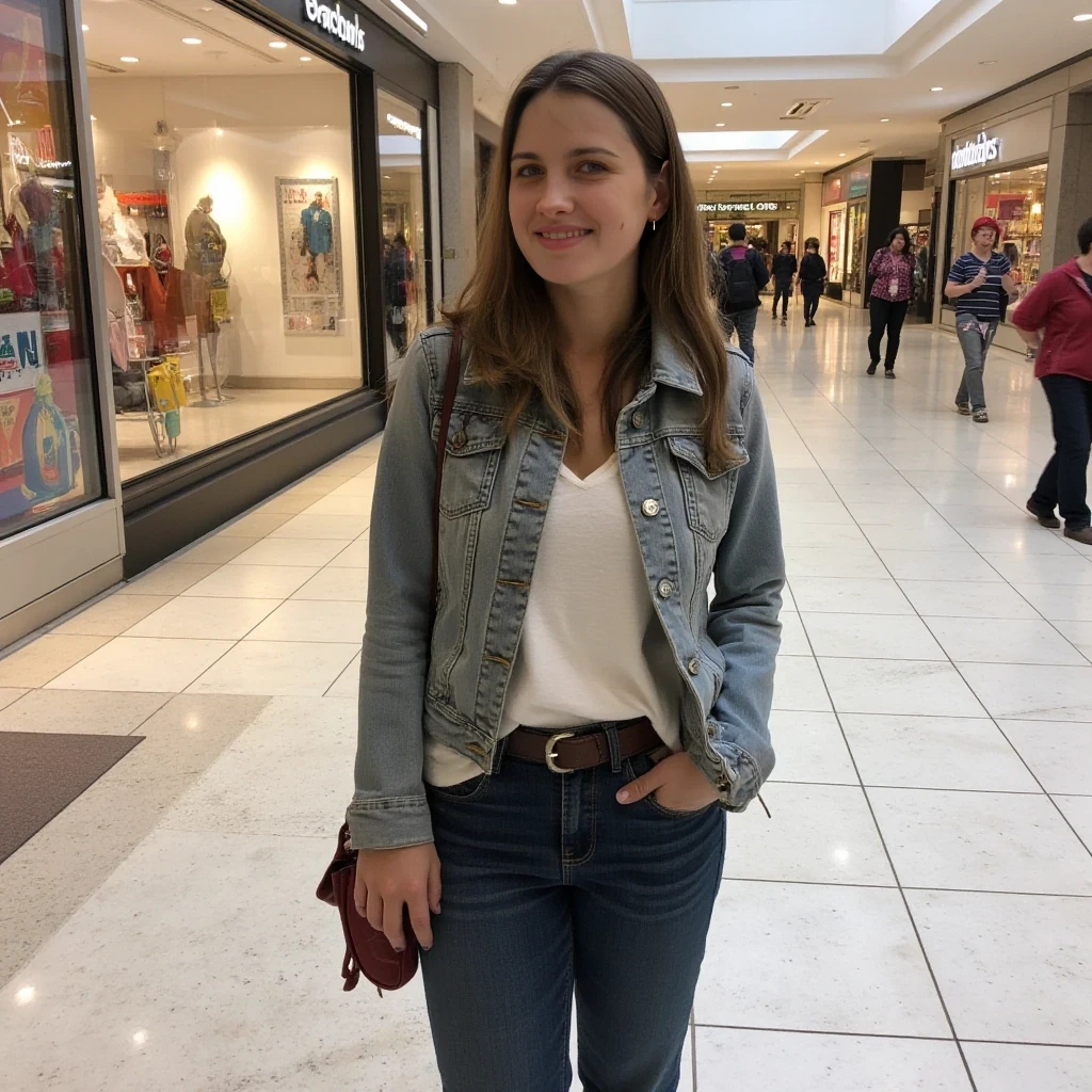 boring low quality snapchat photo circa 2015, average looking woman, full outfit, standing, soft light brown hair, mall background