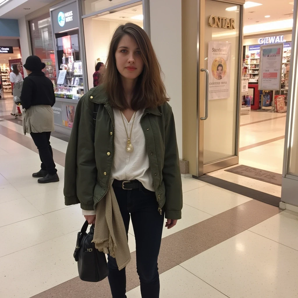 boring low quality snapchat photo circa 2015, average looking woman, full outfit, standing, soft light brown hair, mall background