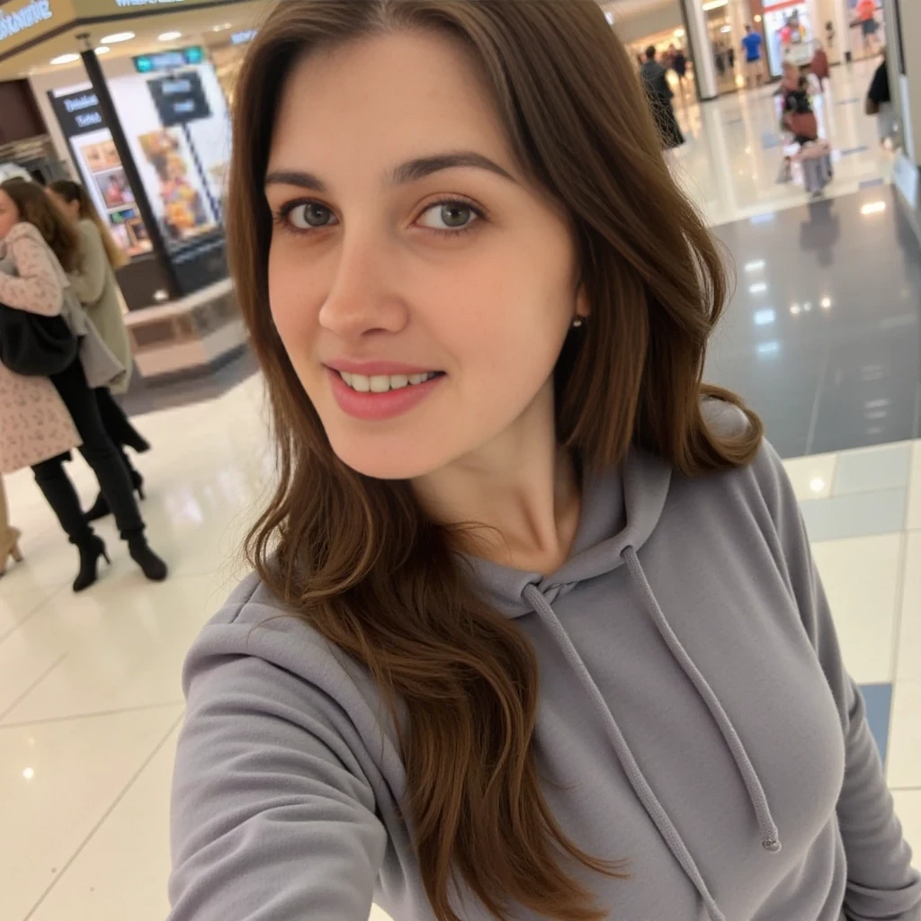 boring low quality snapchat photo circa 2015, average looking woman, full outfit, standing, soft light brown hair, mall background
