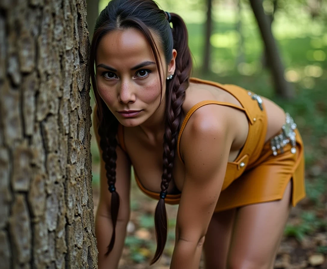 A medium shot photo of woman CSTMDL, a 25-year-old native American woman. The woman who is Native American in appearance has light tan skin tone, she is tall with a petite slender skinny build, petite small boobs, flat chest, her nipples are small petite and dark skinned with long hard pointy nipple ducts that visiblly poke through her bra. She is wearing her hair in a native American style with 2 long braids, She is wearing a sexy native American leather outfit in a golden yellow color, tied up to a tree in a wooded area she is bent over on all fours on the ground, she is tied up to a tree, She is maintaining intense eye contact with the camera staring stoically without any other expression at all. The composition captures a casual, candid moment, romantic setting, Hyper realism, captured with a nikon d850, 16k, uhd, ultra-sharp focus, depth of field, perfect meshes and textures, highly detailed, highly accurate reflections, volumetric fog, volumetric lighting, volumetric light, hdr, ray tracing, cinematic shooting style, her whole body is in the frame, 