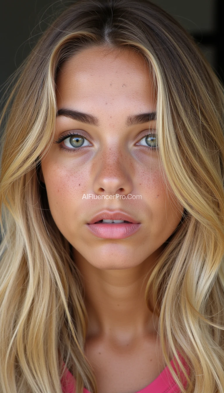 Beautiful 19-year-old woman, blonde, freckles, cute, black eyes, black eye brows and attractive face