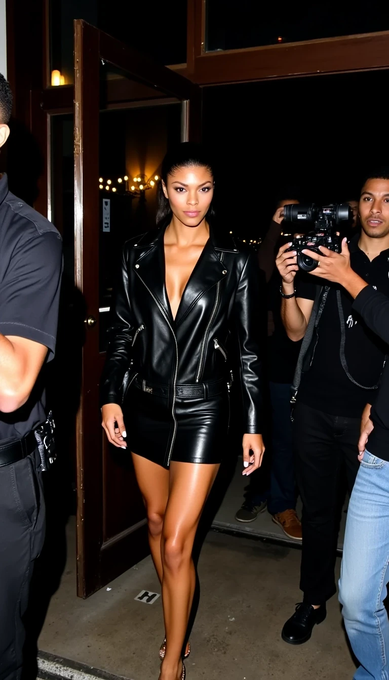 Restaurant Exit
Shot on Canon R3, 24-70mm f/2.8, ISO 6400, 1/250 sec. Boring low quality snapchat photo circa 2015 aesthetic. Supermodel exiting Nobu Malibu, light olive brown skin illuminated by harsh multiple flash units. Wearing oversized black leather jacket, mini dress. Natural skin texture visible under flash, showing real-world imperfections. Security guard's arm partially in frame. Background: other photographers, waiting fans with phones.
 CSTMDL