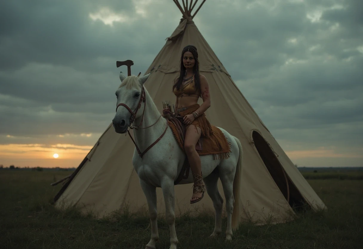 Medium shot photo of a beautiful 25-year-old slim athletic Native American woman warrior with small petite A cup breasts, wearing native American Regalia, posing stoically in front of a round native American plains style tipi. Set under dim natural sunrise light. The sun has barely begun to peek over the horizon. The image has a dull color palette, with the greenery of the ground around the tipi being dark green and browns cast with shadows and dull gray sky meets the sunrise on the horizon enhancing the moody atmosphere. The woman, who is Native American in appearance, has a slim athletic build and petite tiny breasts. She is wearing a traditional smoked hide native American Regalia outfit, it resembles a hard bone material bra and smoked hide leather panties, it is golden smoked hide brown in color. She is wearing bone and leather vambraces on her forearms and leather wraps around her shins. You can still see her entire leather bra and panties. She is wearing smoked hide moccasins on her feet. Her hair is Native American styled with 2 long braids. She is riding a top of a native American warhorse with the reins gripped in one hand and a tomahawk in the other. The horse is adorned in traditional native American warhorse garb. The horse is tall and white, with spots ofbred warpaint. She has a primitive archery bow and a bundle of arrows in a native American style quiver on her back. The woman is looking directly at the camera stoically without any other expression. She has red warpaint on her body and face. There is no explicit nudity visible. Cinematic shooting style. Romantic setting
